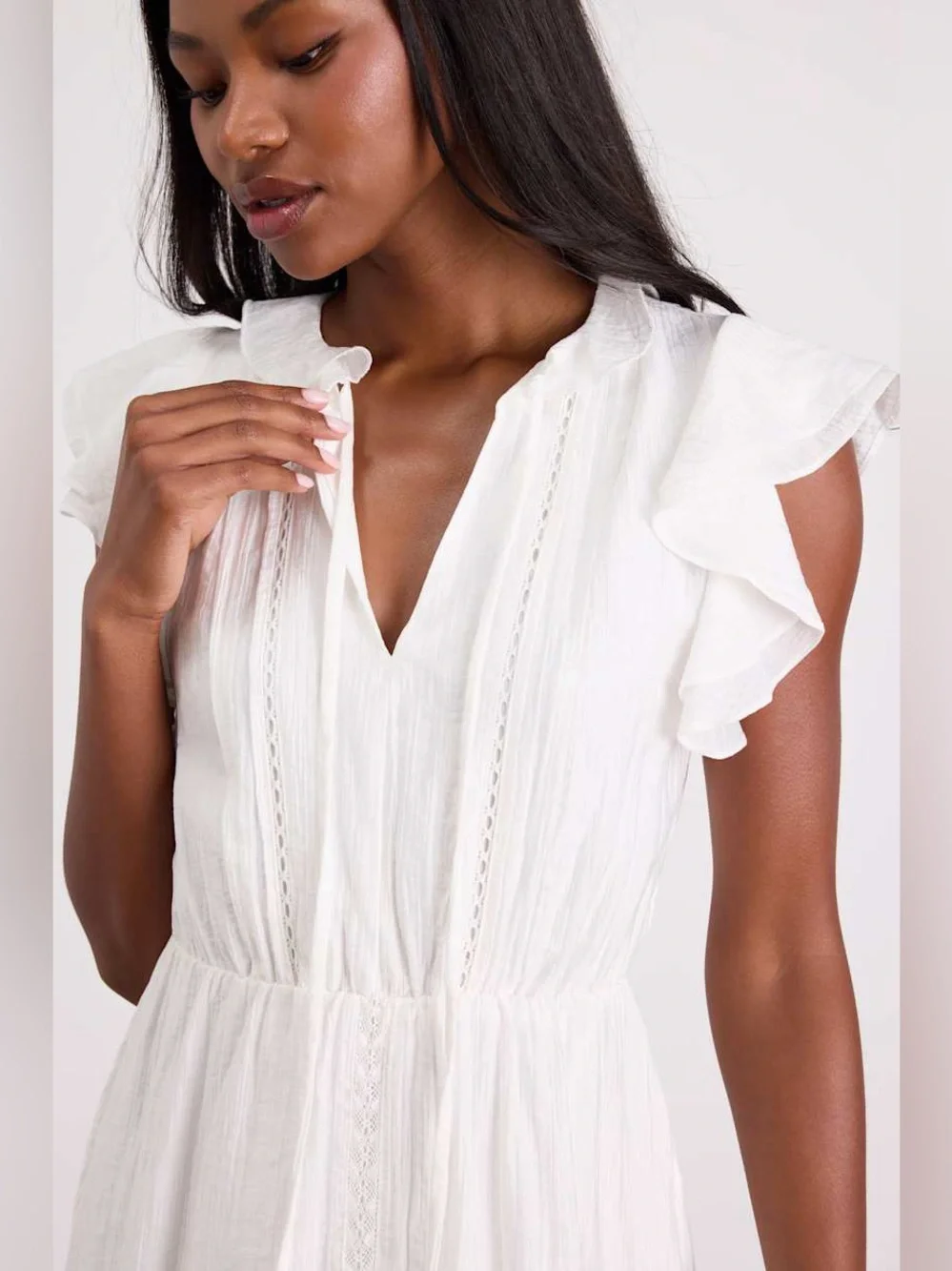 Lulus Tanaya White Flutter Sleeve Tiered Mini Dress size large white lace boho - Picture 14 of 15